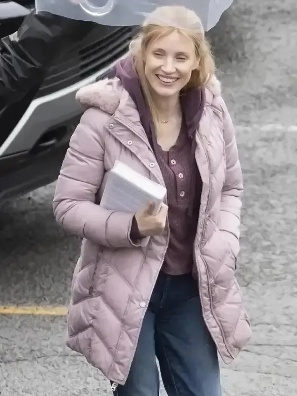 Jessica Chastain The Good Nurse Pink Puffer Hooded Jacket