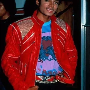 MJ Beat It Michael Jackson Red Leather Jacket with Real Metal Mesh