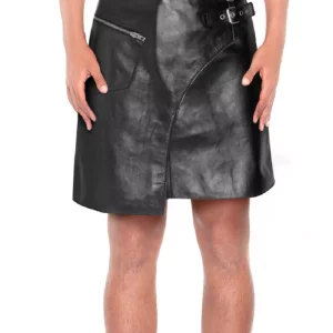 stylish mens black leather kilt with side buckle tabs