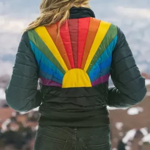 A Young Women Wearing Rainbow Sunburst Sun Puffer Jacket