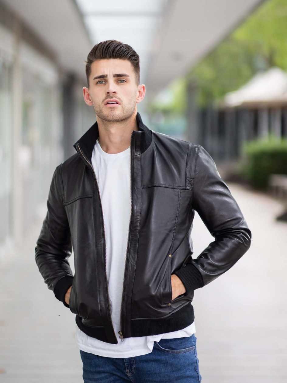 Rib Collar Black Leather Jacket - Theleatherz