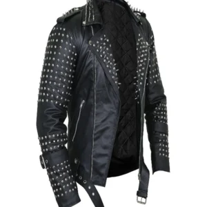 Black Studded Leather Jacket with Metal Decor