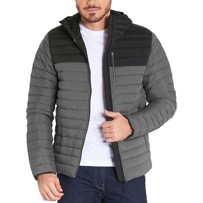 Black and Gray Puffer Jacket With Hood