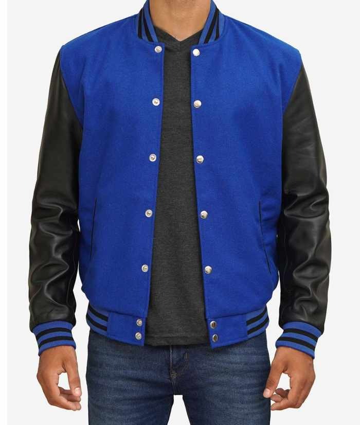 Blue Varsity Jacket With Black Leather Sleeves