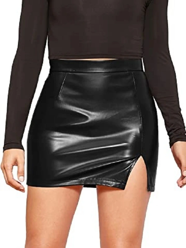 Floerns Women's Faux Leather Bodycon Split Mini Skirt