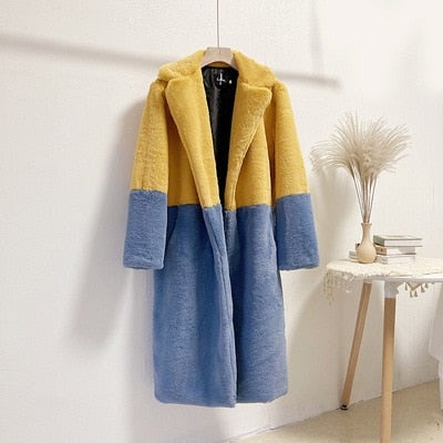 Yellow Blue Duotone Faux Fur Oversized Coat