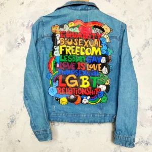 Hand painted denim jacket lgbt love, pride rainbow