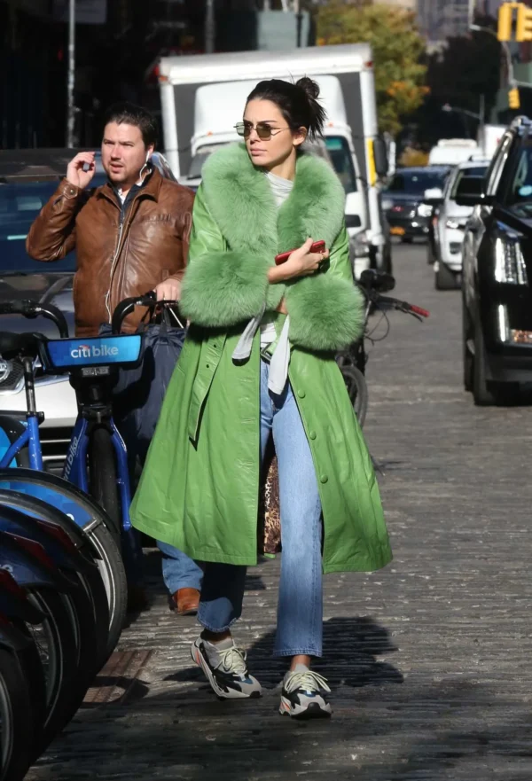 Kendall Jenner Green Trench Leather Coat