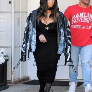 Kim Kardashian wears leather jacket bearing her OWN face as she visits dermatology clinic