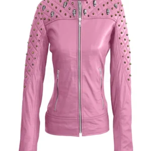 Leather Women Pink Quilted Gold Punk jacket