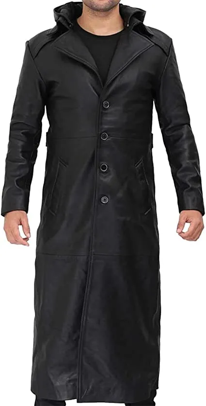 Men Classic Leather Lambskin Long Walking Coat Removable Hooded Coat