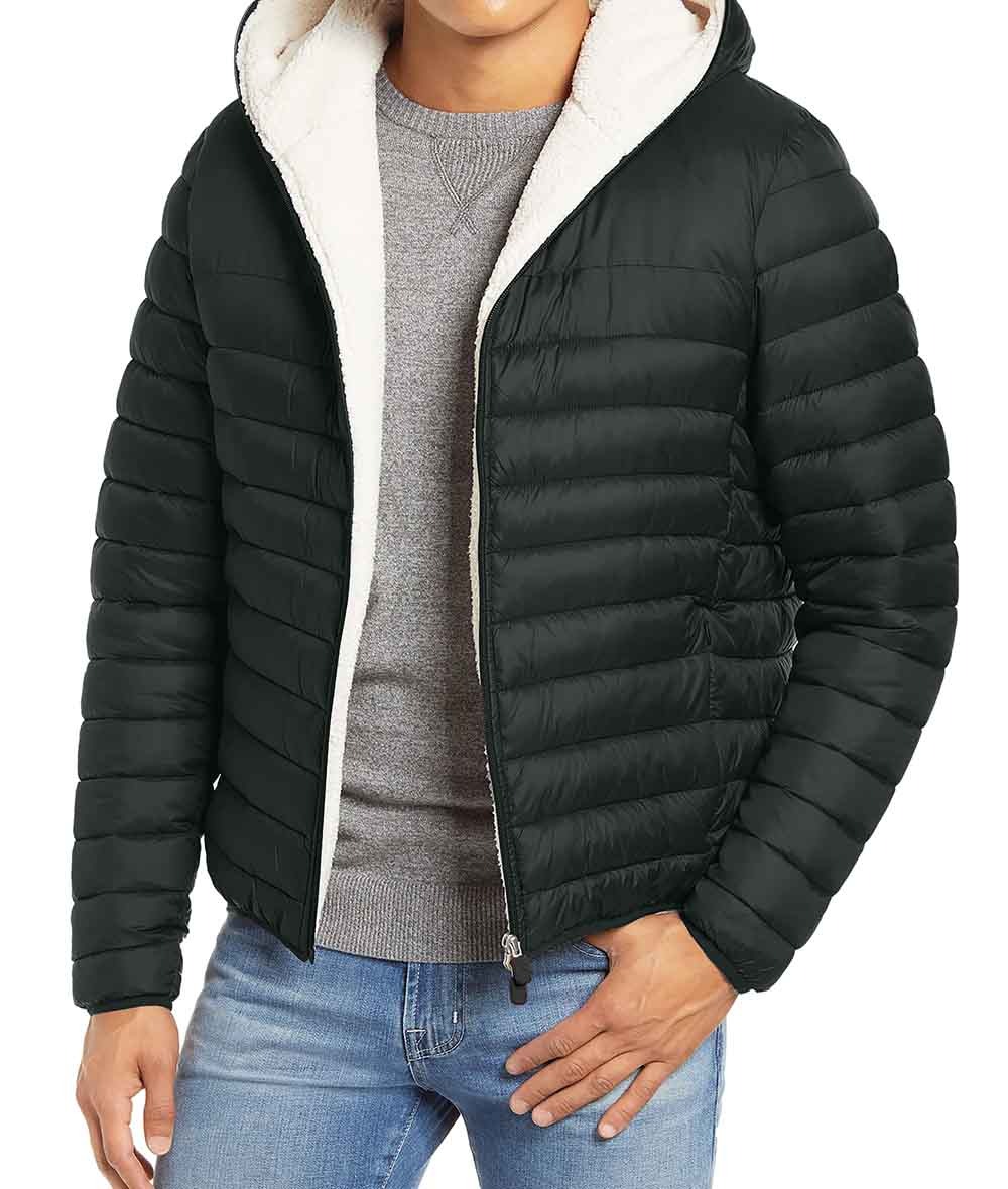 Mens Black Sherpa Lined Puffer Jacket With Hood