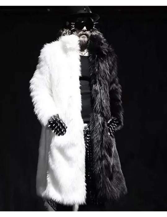 Men Fur Thickening Over Knee black and white coat