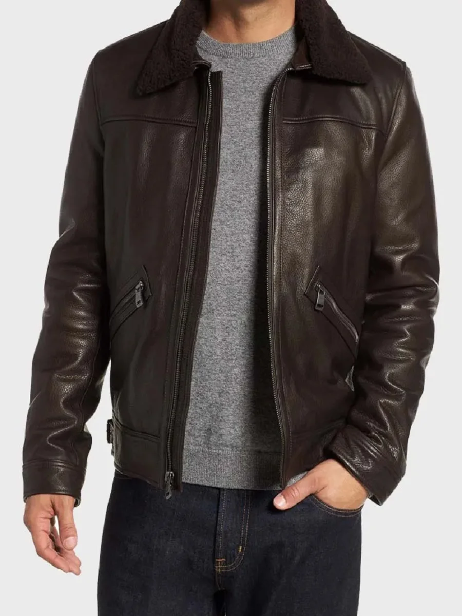 Men's Shearling Collar Black Leather Jacket