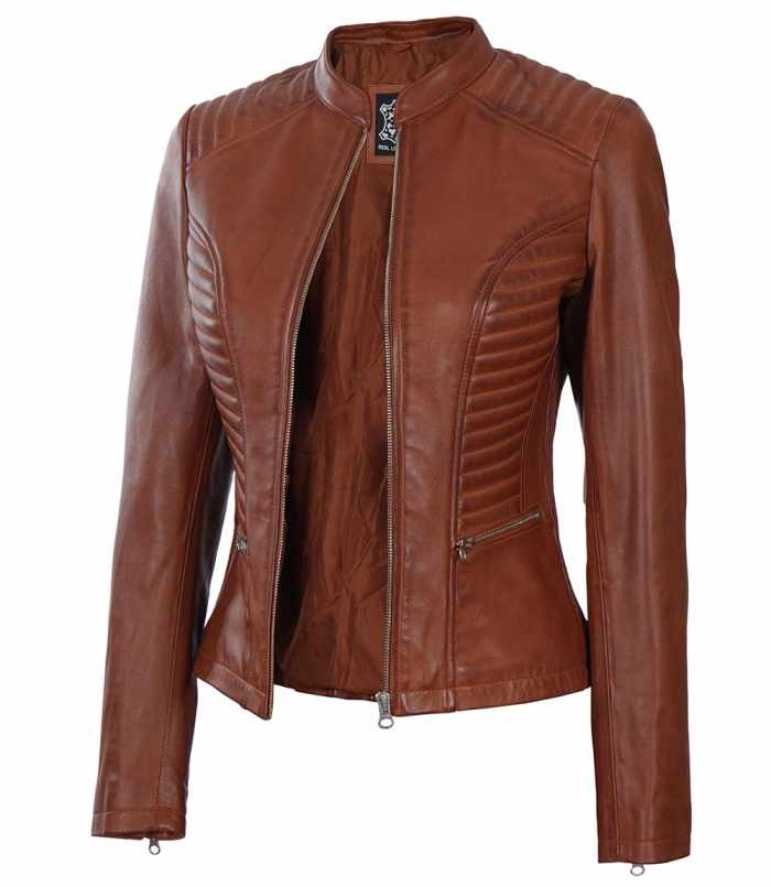 Rachel Womens Cognac Wax Leather Jacket