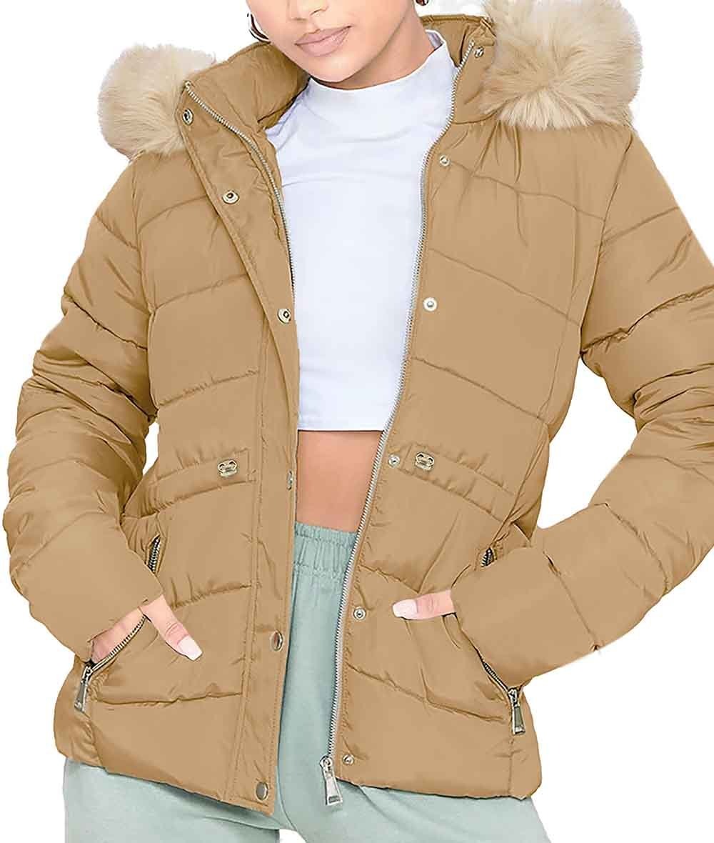 Womens Beige Puffer Jacket With Fur Trim Hood