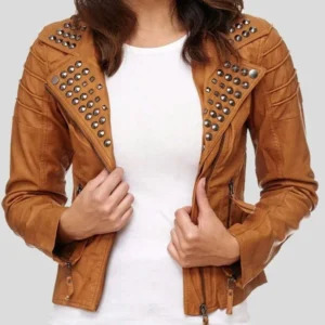 Womens Brown Studded Biker Leather Jacket