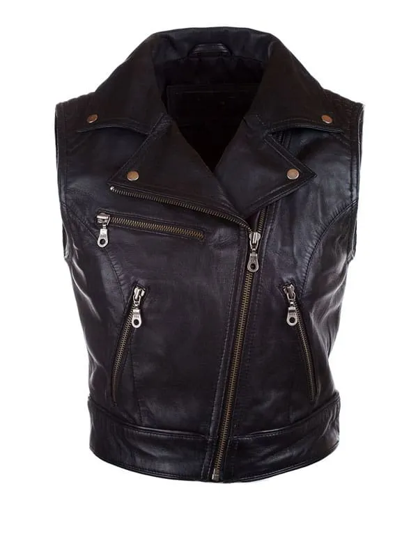 Women's Designer Black Leather Motorcycle Vest