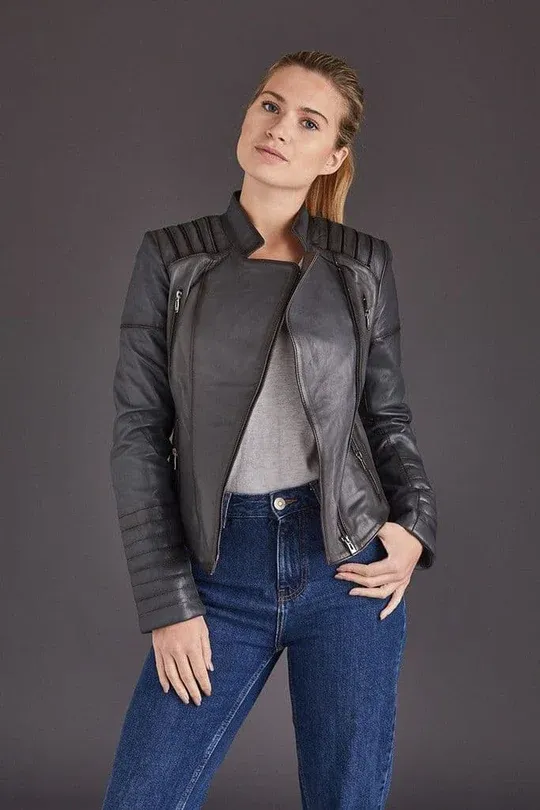 Womens Motorcycle Gray Leather Jacket