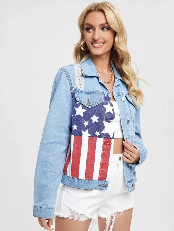 American Flag Print Flap Pocket Ripped Detail Denim Jacket