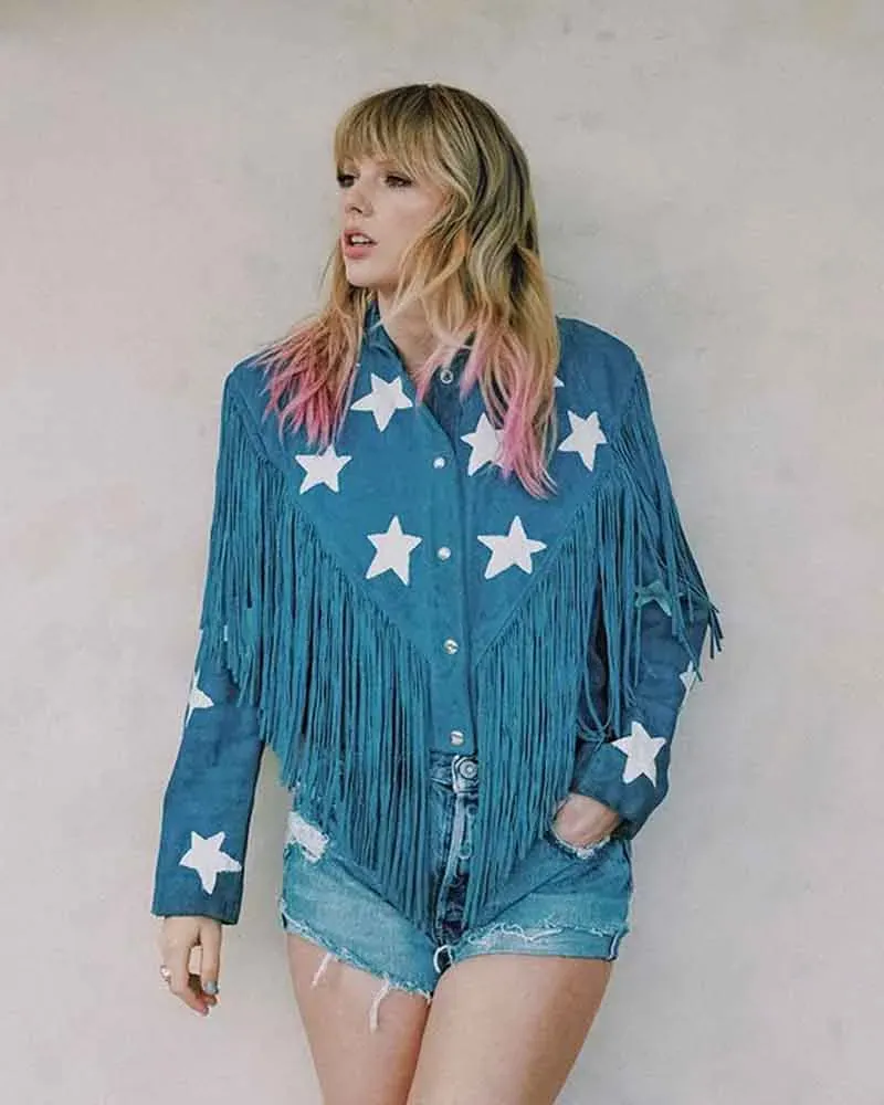 Blue Singer Taylor Swift Denim Fringe Jacket