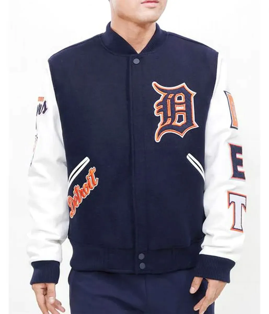 Letterman Detroit Tigers Navy Blue and White Jacket