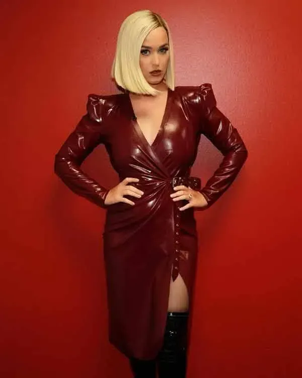 Maroon Belted Leather Coat Of Katy Perry
