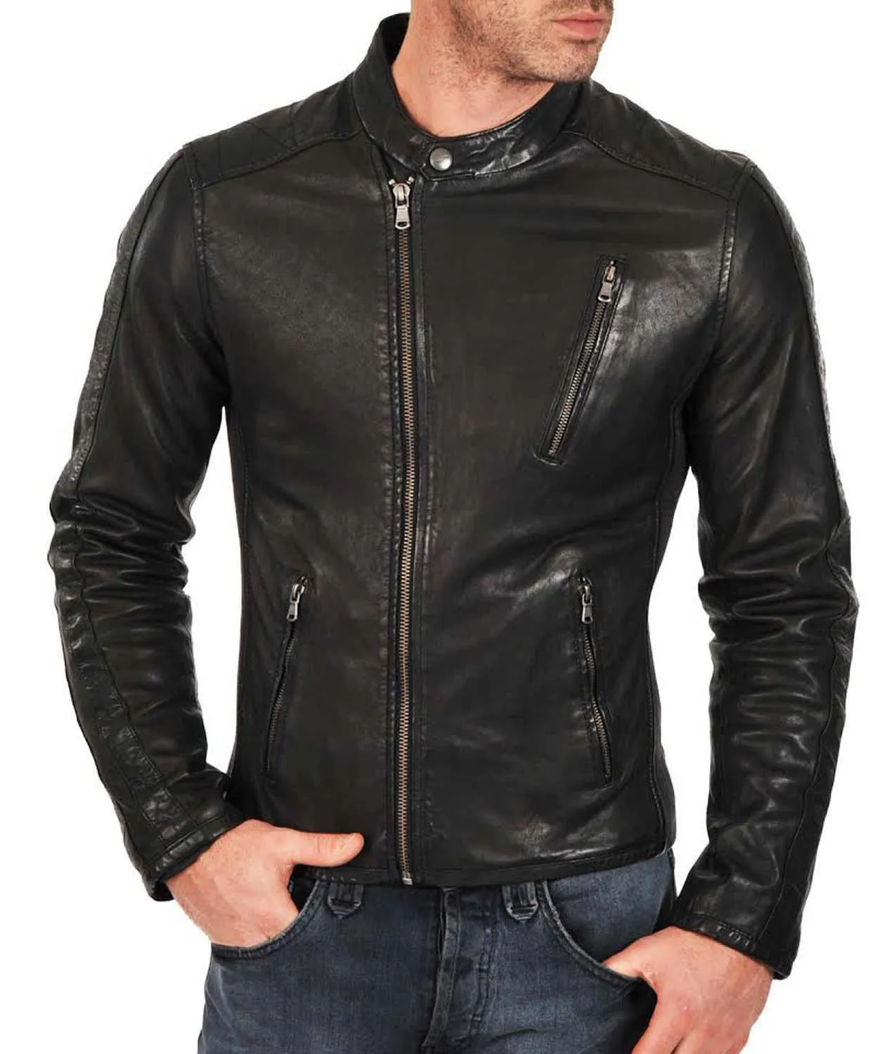 Men’s Biker Snap Button Asymmetrical Black Leather Jacket