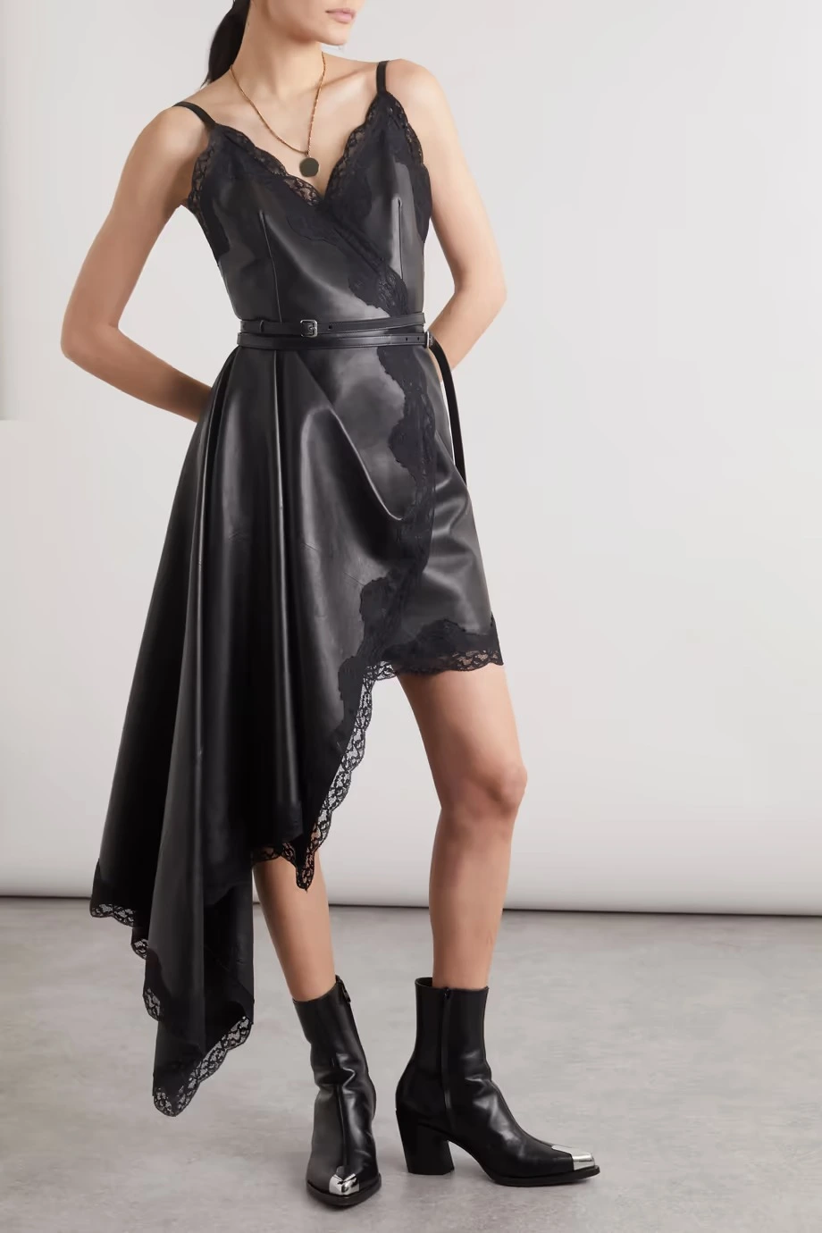 Asymmetric Draped Wrap Leather Dress