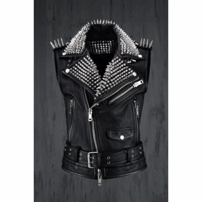 Men Moto Black Leather Biker Punk Vest