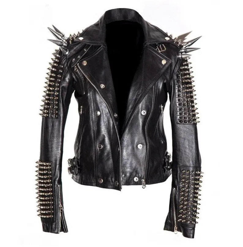Men Silver Studded Long Spiked Jacket Leather