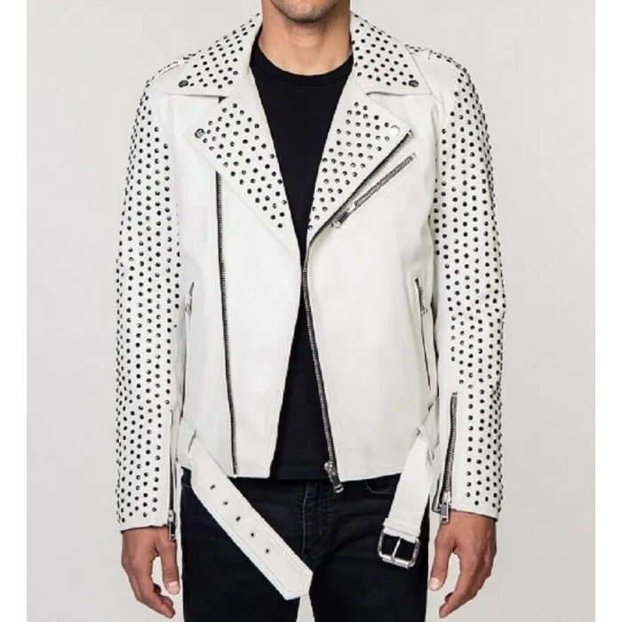 Men's White full Silver Studded Biker Jacket