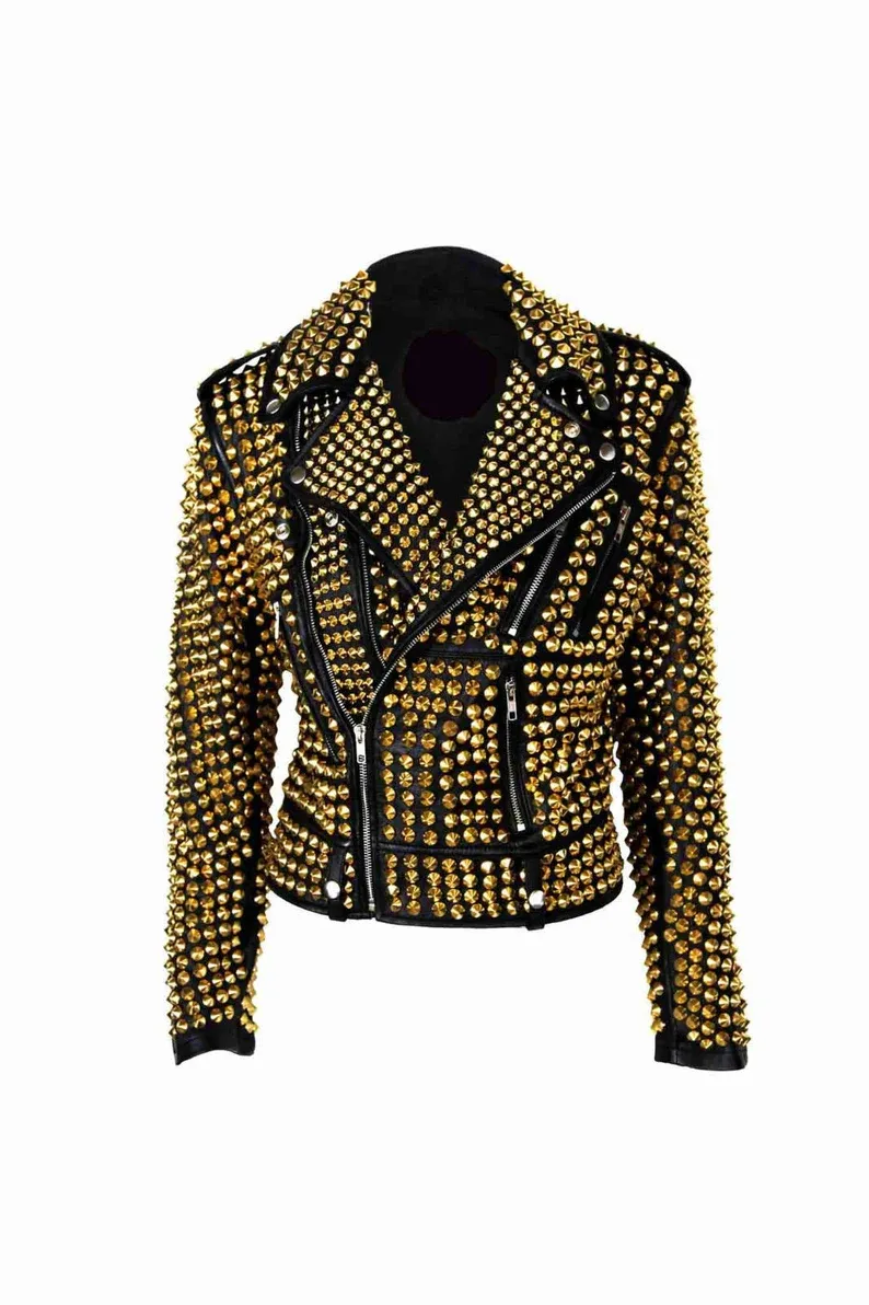 Punk Golden Studded Cowhide Brando Leather Jacket