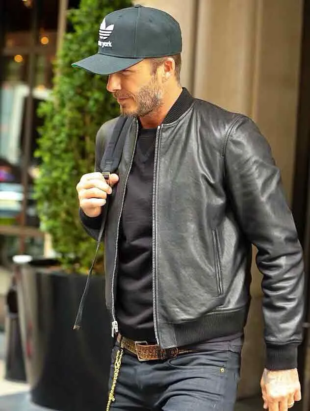 David Beckham Black Leather Bomber Jacket