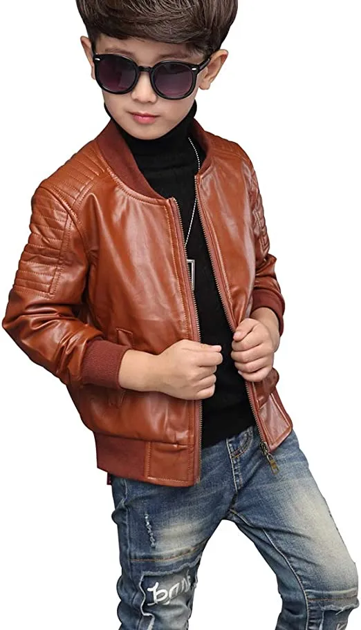 Children's Bomber Biker brown Leather Jacket