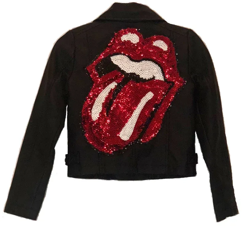 Kid's Black Leather Jacket With Large Sequin Tongue Patch