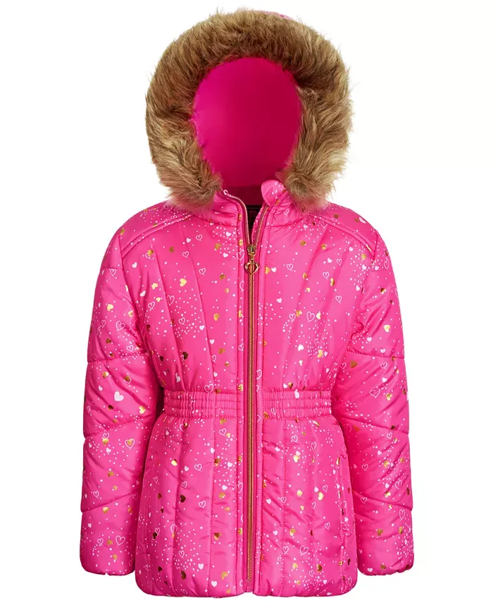 Toddler & Little Girls Foil-Print Quilted Berry Hearts Coat