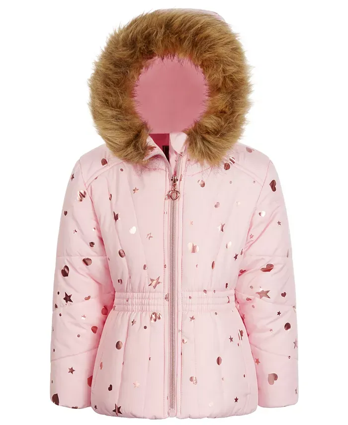 Toddler & Little Girls Foil-Print Quilted Blush Hearts Coat