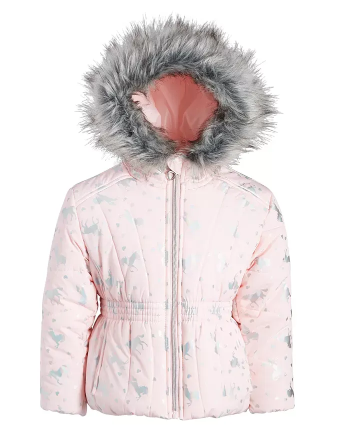 Toddler & Little Girls Foil-Print Quilted Puffer Pink Coat