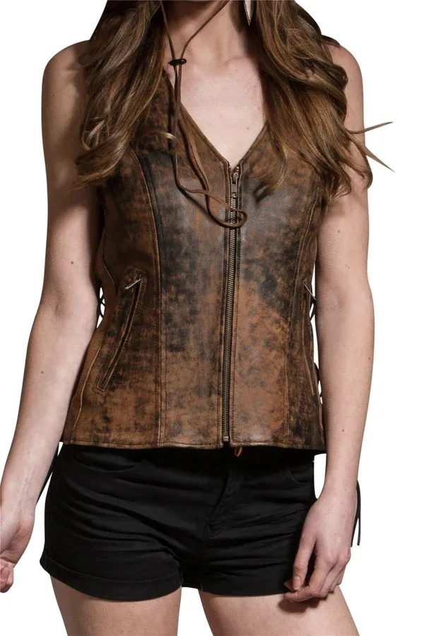 Women's Vintage Brown Side Lace Leather Vest