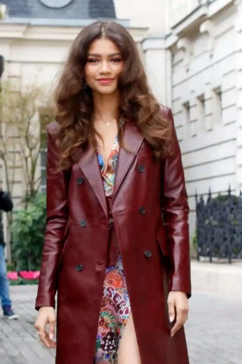 Actress Zendaya Maroon Leather Coat