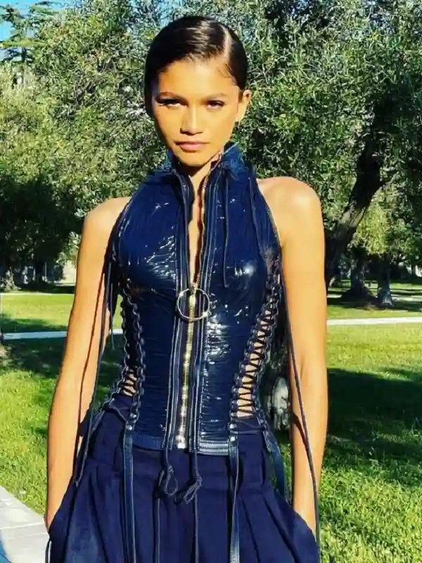 Actress Zendaya Blue Leather Top Laces Vest