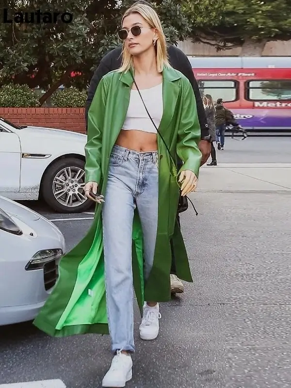 Hailey Bieber Green Leather Coar