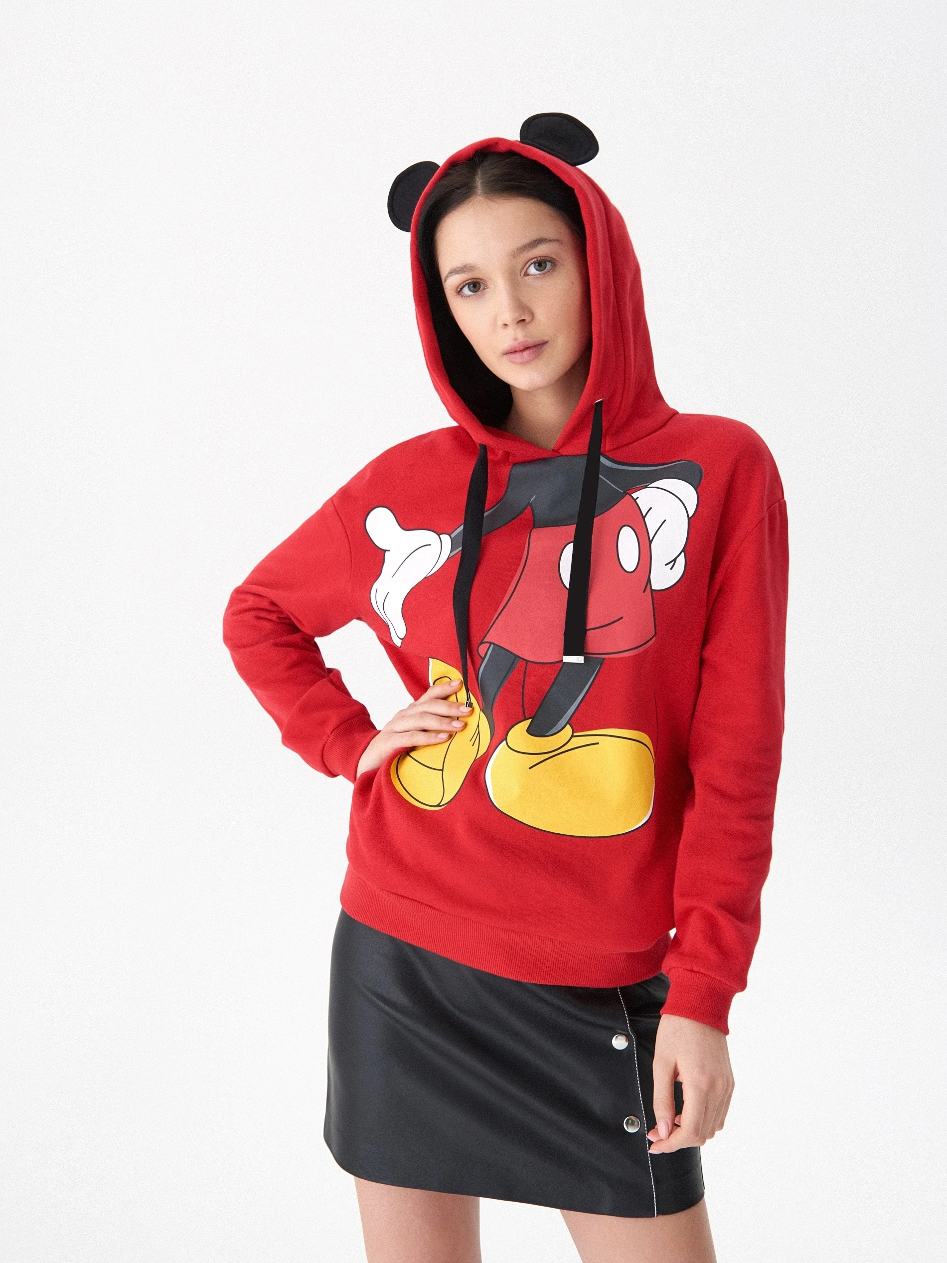 Women Wearing Mickey Mouse Printed logo Red Hoodie