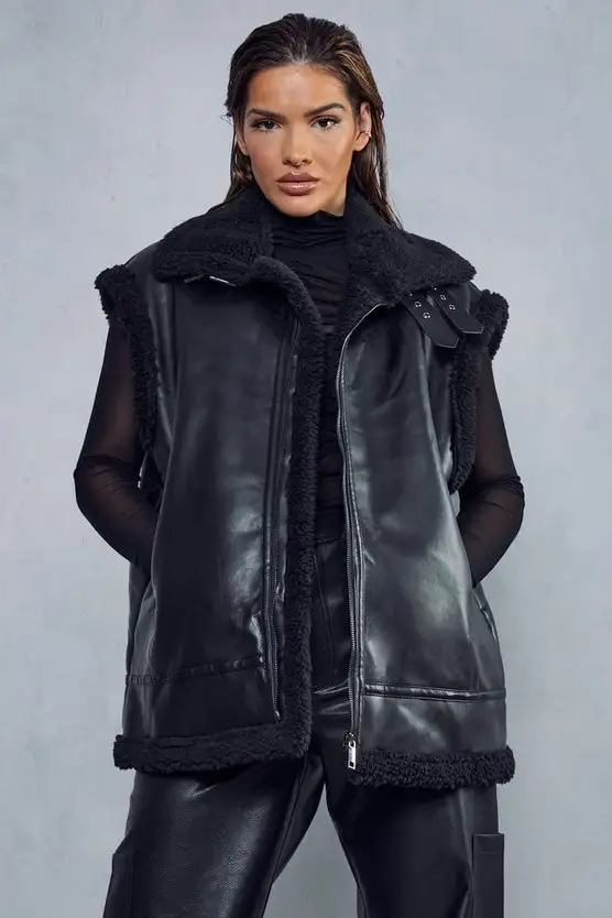 Women's Black Leather Vest With Shearling Collar