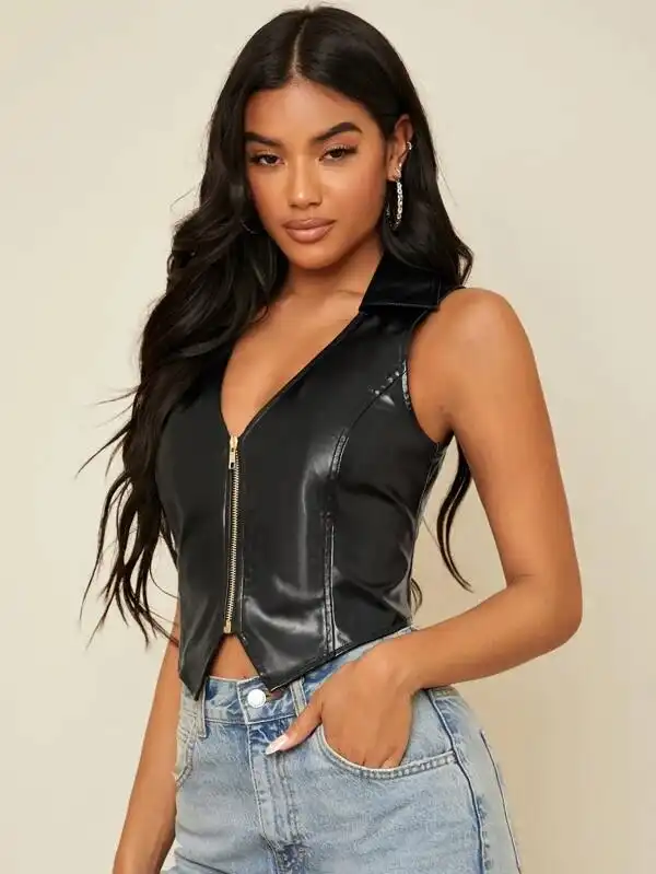 Women's Black Faux Leather Zipper Vest