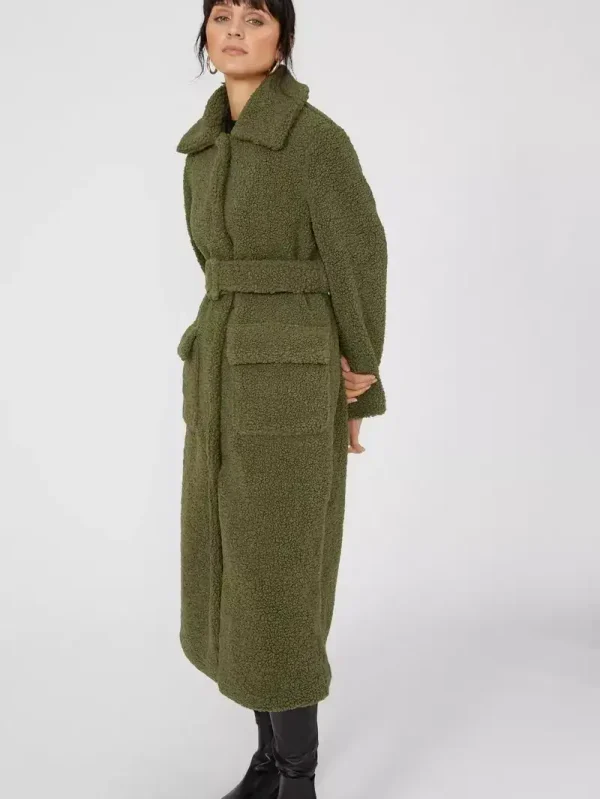 Women's Longline Green Teddy Coat