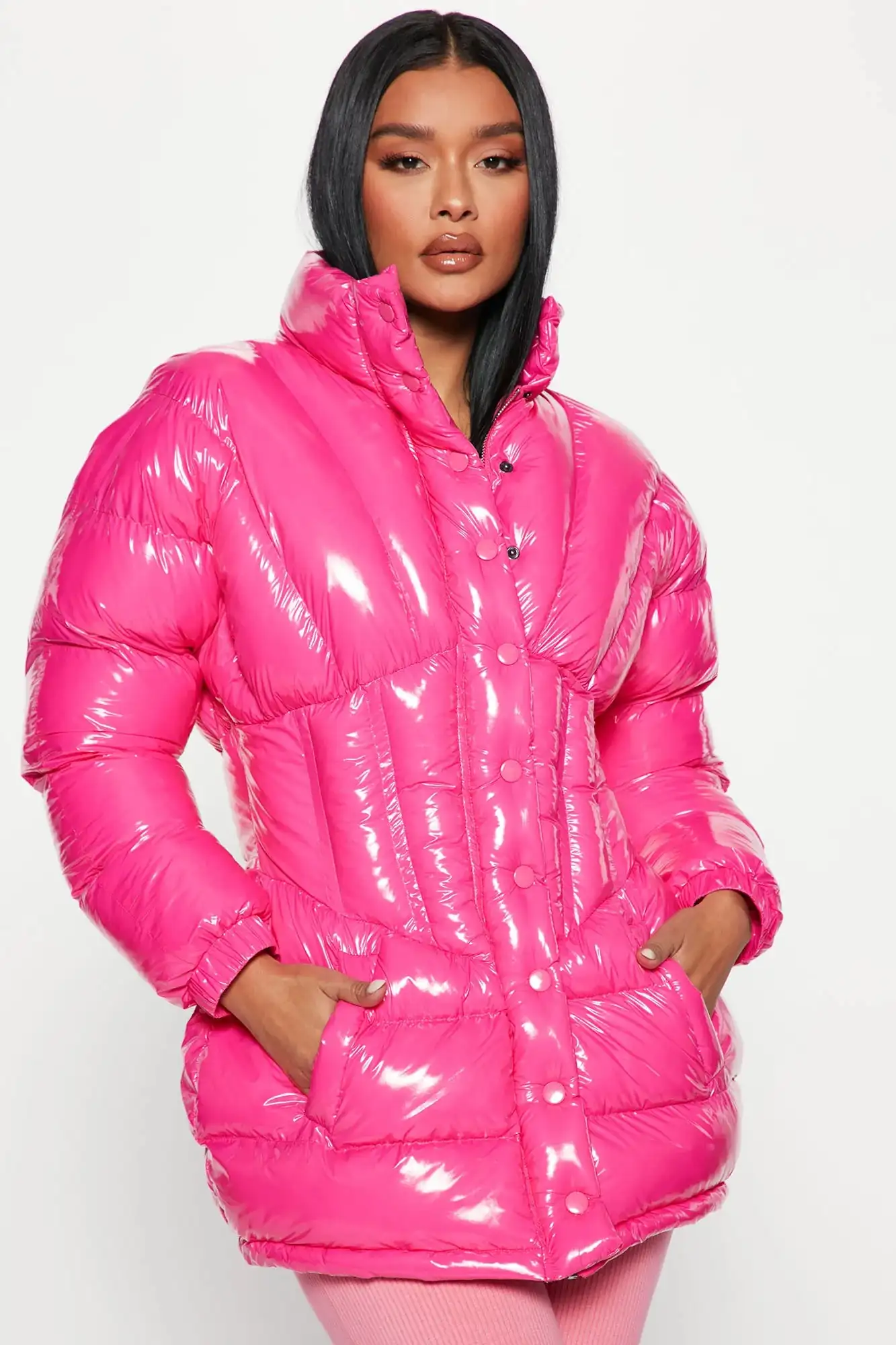 Women's Pink Puffer Jacket With Stand up Collar