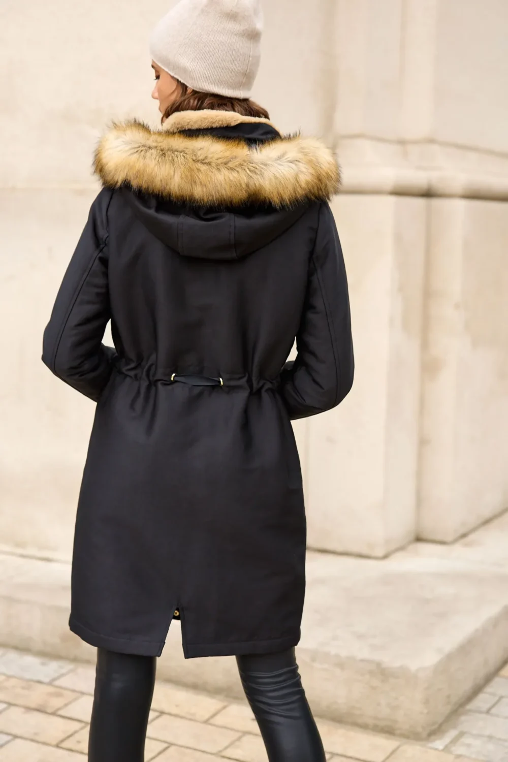 Women's Cotton Parka Black Jacket With Fur Hoodie