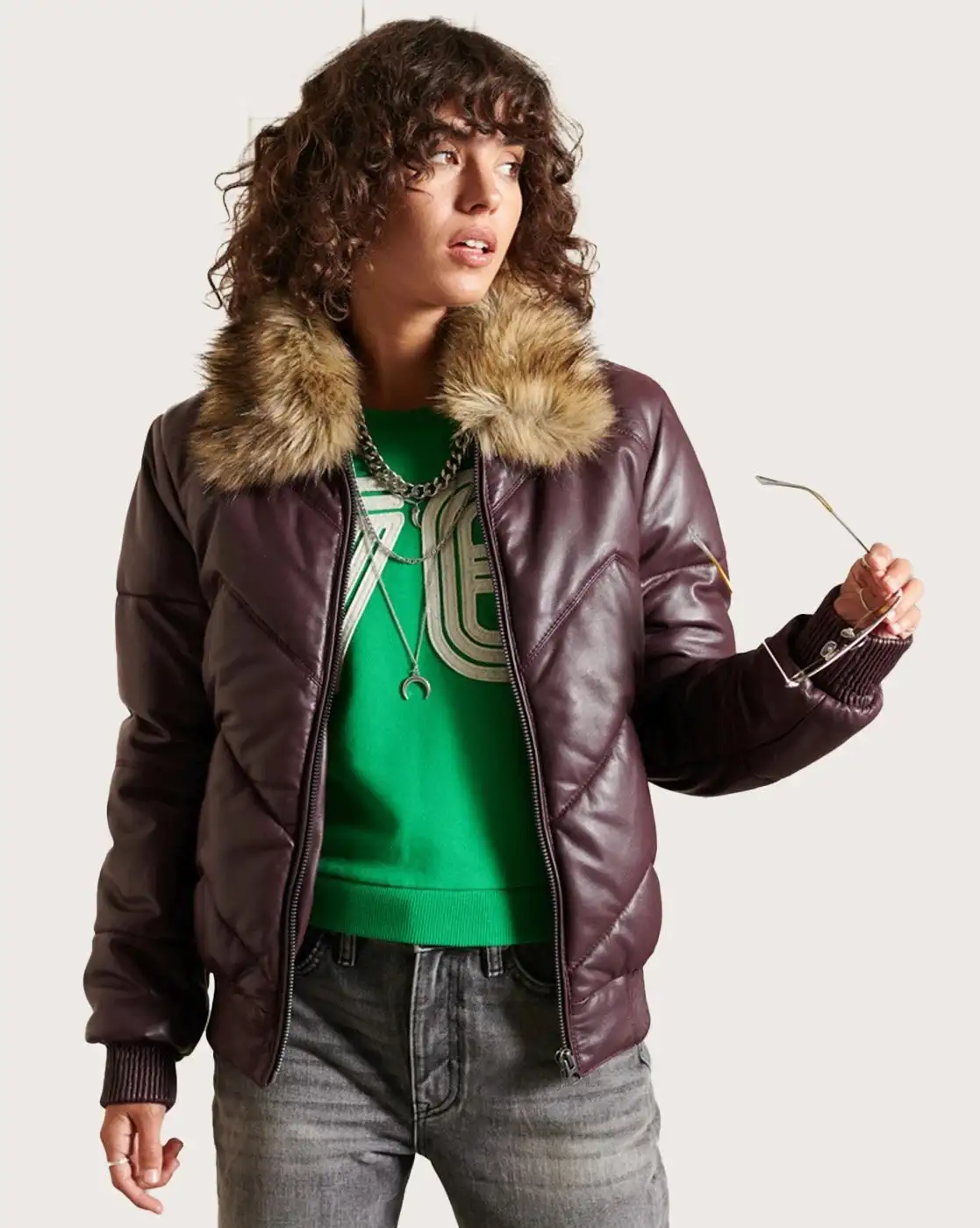 Women's Leather Hooded Brown Puffer Jacket